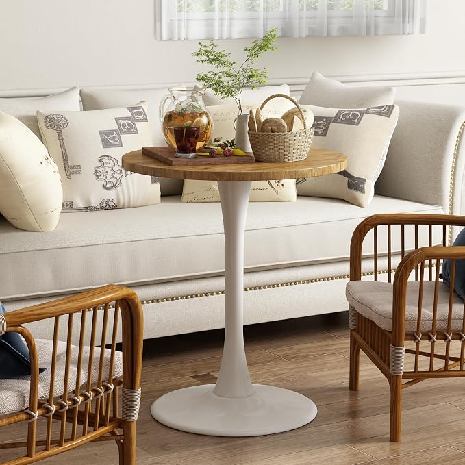 Round Dining Table 24" Circle Tulip Table with Wood Thickened Tabletop & Sturdy Metal Pedestal Mid Century Modern Leisure Bistro Kitchen Tables 2 People Small Places Living Room Cafe,Oak