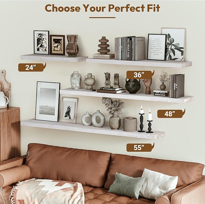 Vivelove Elm Floating Shelves for Wall Solid Wood, 24 Inches Long Rustic Wall Shelf with Invisible Bracket for Living Room Bedroom Bathroom Office, Farmhouse Display Shelf, Set of 2 - Weathered White