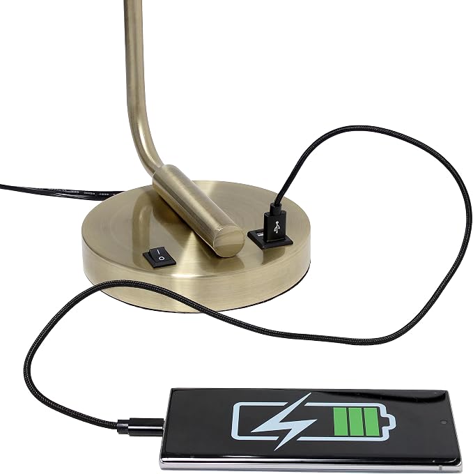 Simple Designs LD1066-ABS-LB Industrial Vintage Bronson Iron Lantern Desk Table Lamp with USB Port and Glass Cylinder Shade for Office, Living Room, Bedroom, Antique Brass, With Feit LED Bulb Included