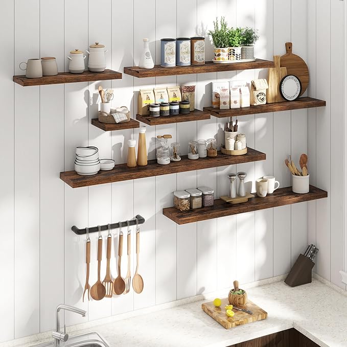 16 Inch Floating Shelves for Wall Set of 2, 8"D Wood Grain Bathroom Shelves with Invisible Brackets, Easy Install Engineered Wood Storage Shelves for Kitchen, Living Room, Bedroom, Rustic Brown Finish