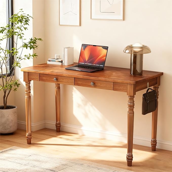 Mid Century Modern Desk, 47" Vintage Solid Wood Desk with 2 Drawers, Boho Writing Desk Computer Table for Home, Office, Bedroom, Living Room