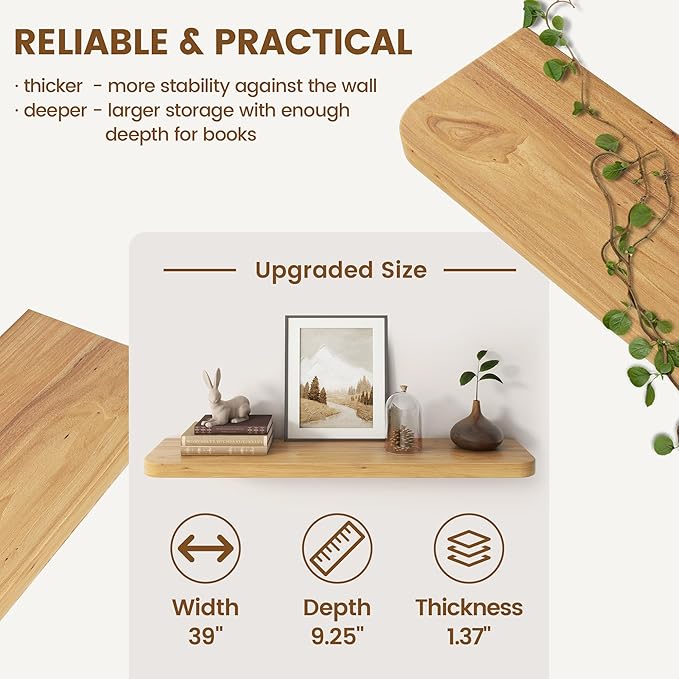 Reclaimed Elm Wood Floating Shelves for Wall Round Edge, 39"W x 9.2"D x 1.37"H, Set of 2 with Invisible Bracket, Wall Mounted Shelves for Living Room Bedroom Kitchen Bathroom Decor, Natural Finish