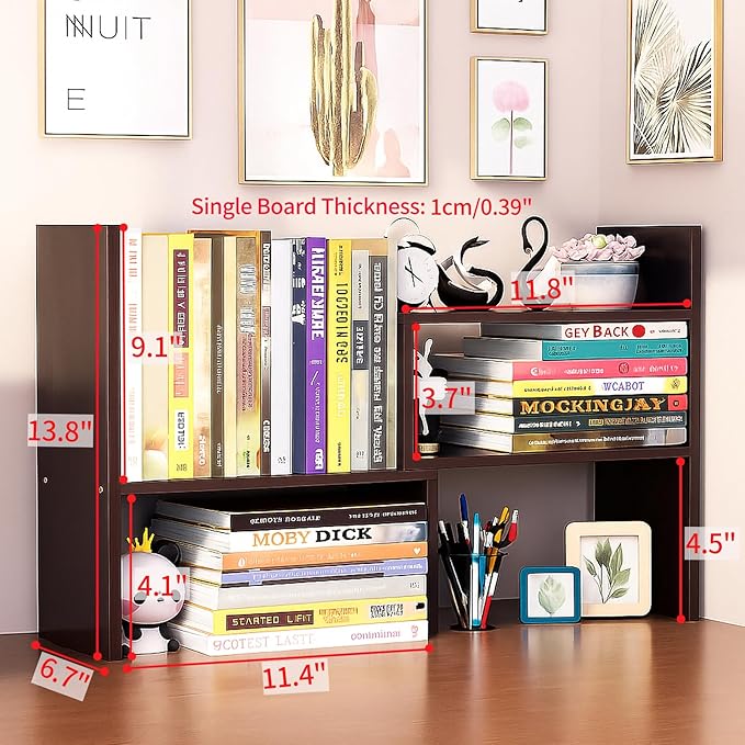 Desktop Shelf Organizer, Adjustable Wood Office Storage Rack, Counter Display Small Bookshelf for Home/Office/School(Dark Walnut)
