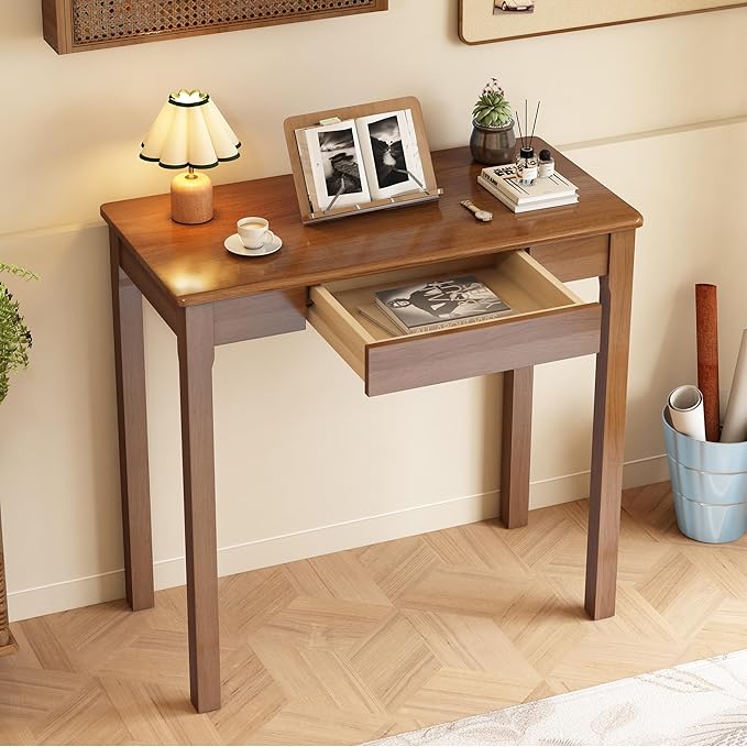 Solid Wooden Desk with Drawers - 32 x 16 Inch Narrow Desks, Rubberwood Mid Century Modern Desks, Small Writing Desk for Bedroom|Small Spaces - Walnut Color