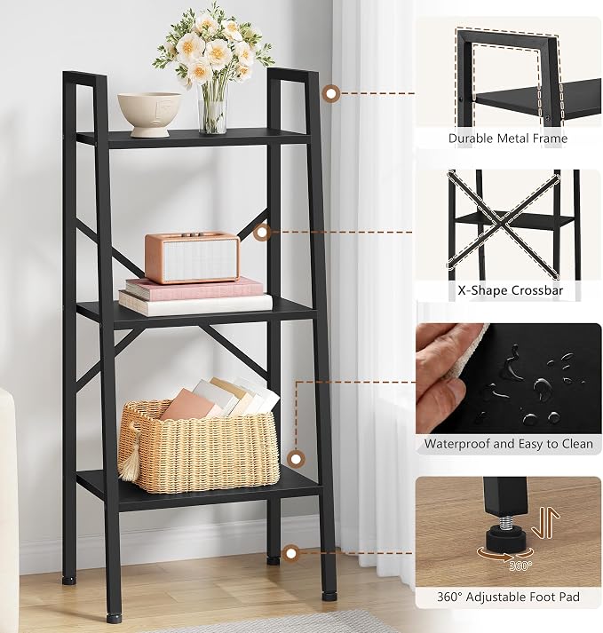 Hoctieon 3-Tier Industrial Ladder Bookshelf, Narrow Ladder Shelf, Tall Standing Bookshelf, Skinny Open Ladder Shelf, for Living Room, Home Office, Kitchen, Bedroom, Metal Frame, Black