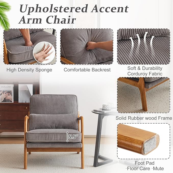 VINGLI Upgraded Premium Corduroy Accent Chair,Upholstered Arm Chair,Solid Wood Comfy Reading Chair with Lumbar Pillow, Mid Century Modern Chairs for Living Room,Bedroom,Guest Room,Light Grey