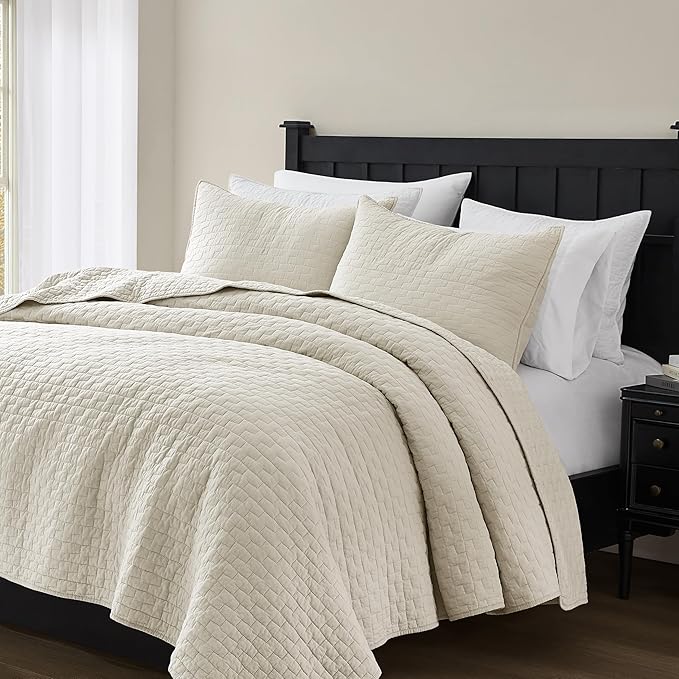 palassio Beige 100% Cotton Quilt California Cal King Size Bedding Sets with 2 Pillow Shams, Textured Oversized Lightweight Bedspread Shabby Chic Coverlet, Soft Bed Cover for All Season, 3 Pieces