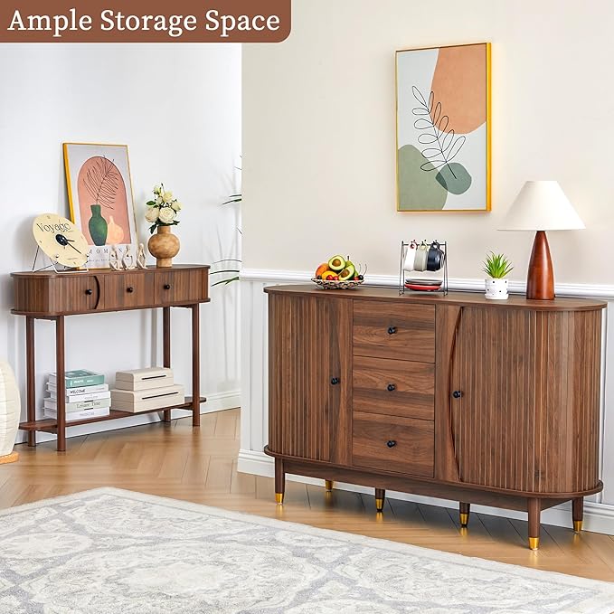 55inch Sideboard Buffet Cabinet with Drawer,Oval Curved Sideboard with Tambour Sliding Door,Walnut Buffet Storage Cabinet for Dining Room Living Room Entryway