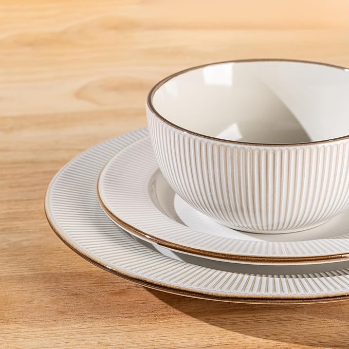GBHOME Ceramic Dinnerware Sets, 32 pcs Embossed Elegant Stoneware Plates and Bowls Sets, Housewarming Wedding Gift | Dishwasher & Microwave Safe | Dishes Set Service for 12