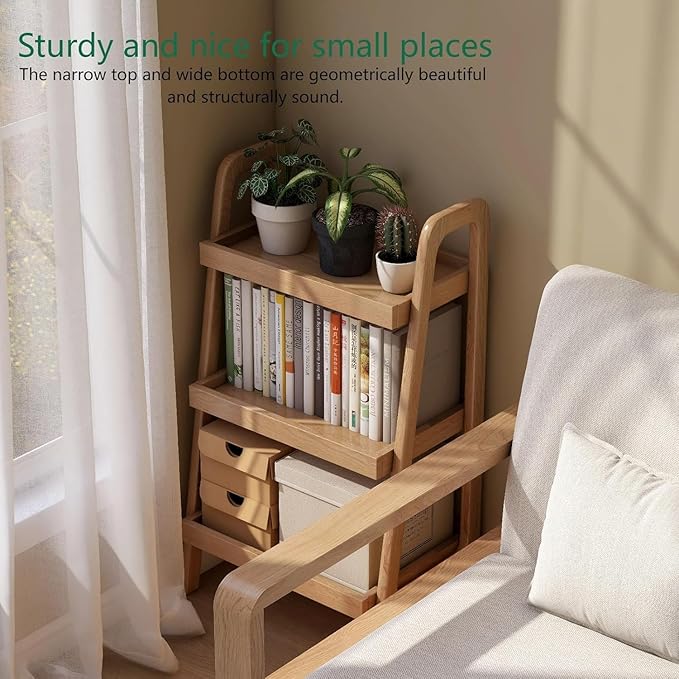 100% Solid Oak 3 Tier Ladder Shelf for Saving Space, Small Bookshelf with Stable Frame, Free Standing Ladder Shelves for Living Room Bedroom Couch, (Natural, 17.72" W x 12.6" L x 31.5" H)