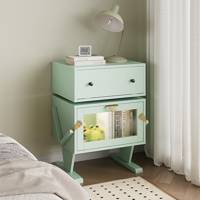 RoyalCraft Large Nightstand Set of 2 with LED Lights, Green End Table with 360°Rotating Drawer, Modern Bedside Table with Storage, Wood Night Stand for Bedroom, Home Office, Green