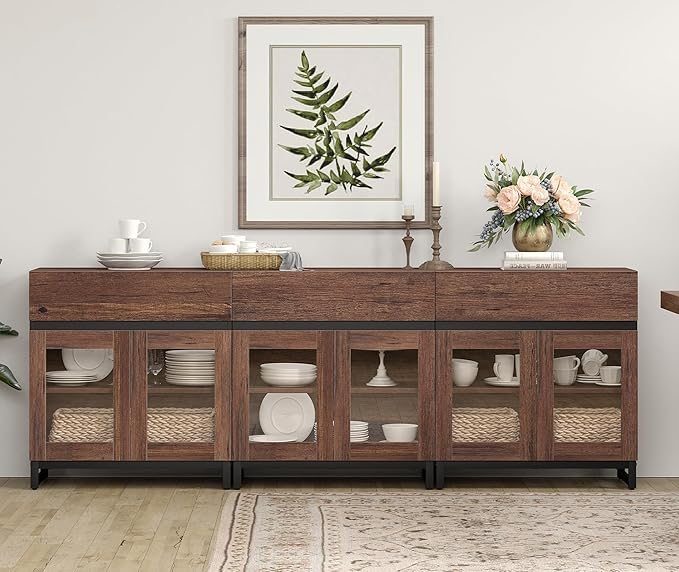 WAMPAT 94.5'' Multifunctional Sideboard Buffet Cabinets with 6 Glass Doors and 3 Drawers, Modern Sideboard Credenza, Coffee Bar Storage Cabinet for Living Room, Kitchen, Brown