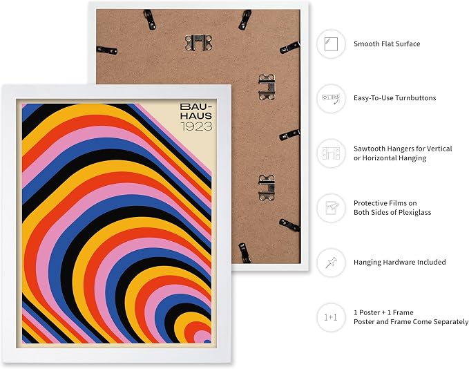 Poster Master Bauhaus Poster - Psychedelic Stripes Print - Abstract Art - Geometric Art - Graphic Design Art - Chic Boho Art - Mid Century Modern Art - Living Room Wall Decor - 16x20 White Framed