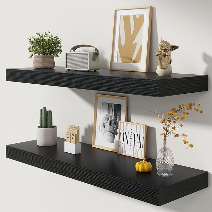 Deep Floating Shelves | 40 Inch Black Floating Shelves Set of 2 | 12 Inch Deep Wood Wall Shelves | 40" W x 12" D Black Shelves for Bathroom Living Room Kitchen Laundry Room