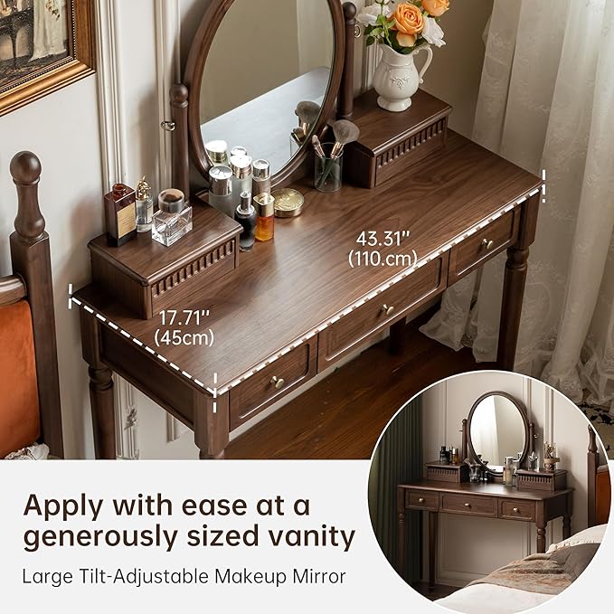 Vintage Vanity Desk with Rotating Mirror, Solid Walnut Dressing Table for Bedroom, Dark American Style Vanity, 37" W x 18" D x 56" H