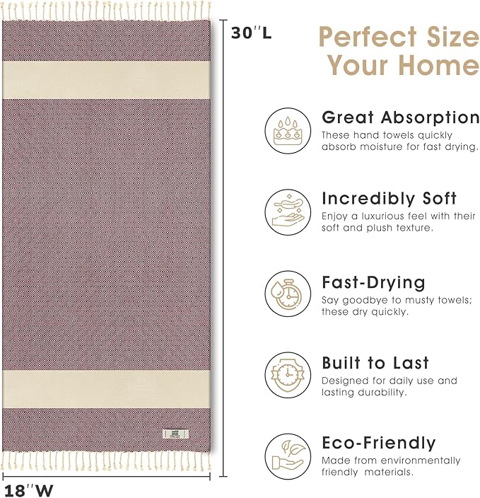 Hand Towels - Set of 2 | 18" x 30" - Decorative Turkish Hand Towel for Bathroom, Kitchen, Guest, Face, Hair, Tea, Dishcloth (Diamond, Claret Red)