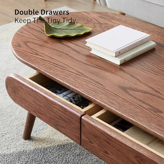 47.24" Solid Wood Coffee Table with 2 Hidden Storage Drawers, Easy Assembly Center Table for Living Room, Walnut Finish with Side Table Function (47.24" Coffee Table with Drawers)