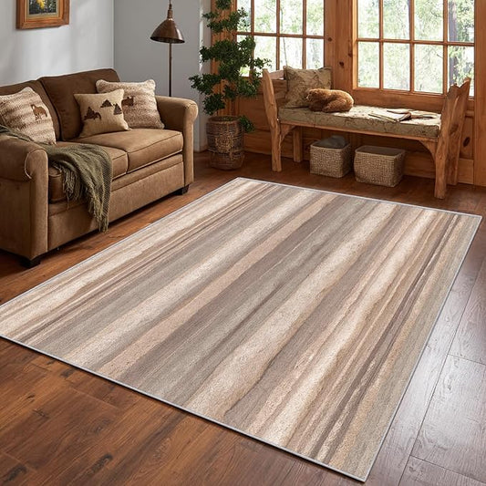 Natural Stripe Rustic Area Rug, Beige Brown Pattern Carpet, Washable Non Slip Low Pile Soft Thin, Living Room Bedroom Dining Room Home Decor Mat 4x5ft