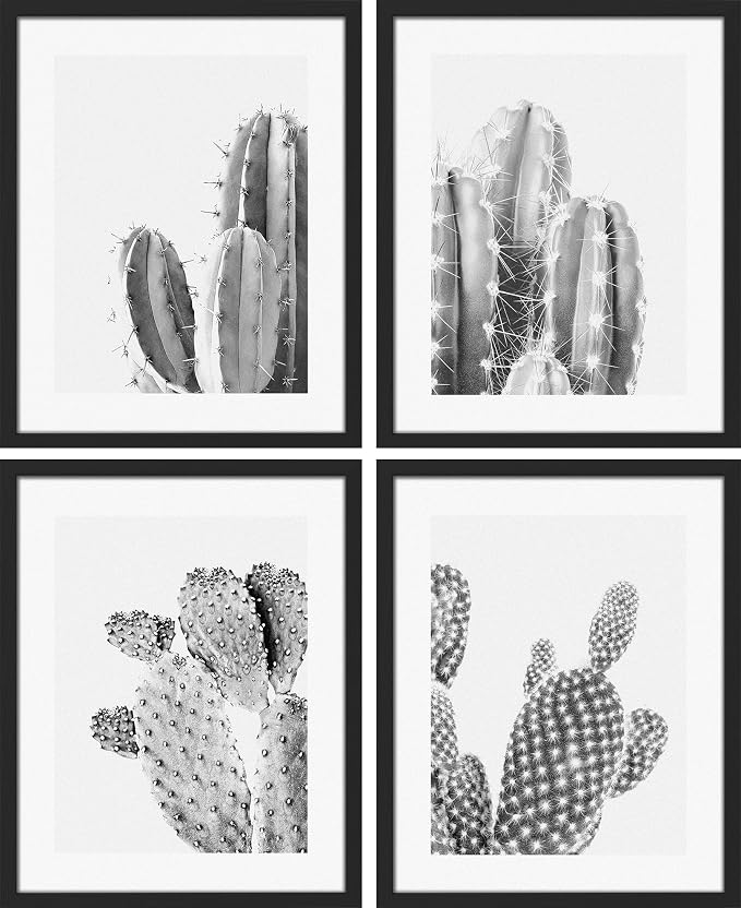 SIGNWIN Framed Black & White Saguaro Southwest Desert Tropical Cactus Wall Art, Set of 4 Floral Botanical Wall Decor Prints, Nature Wilderness Wall Décor for Living Room, Bedroom - 12"x16" Black
