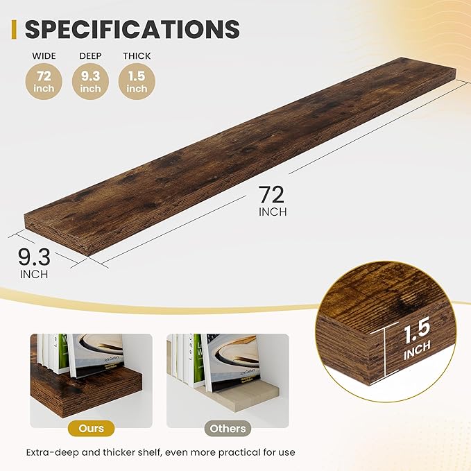 72 Inch Floating Shelves, 9.3" Deep Floating Shelf Wall Mounted, 72" Wall Shelves, Rustic Deep Bookshelf, Large Display Shelves & Storage Shelves for Bedroom, Living Room, Brown, Set of 2