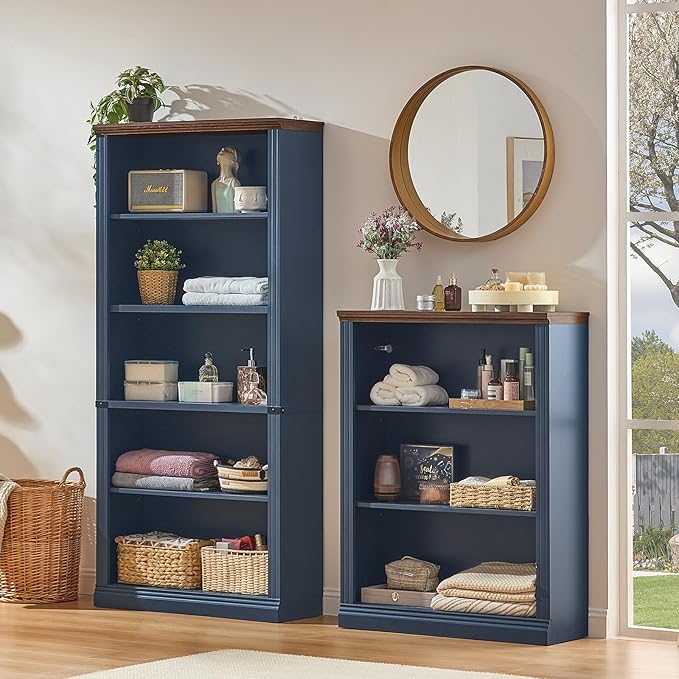 43" Blue Tall Bookshelf Set of 4,3-Tier Thick Wooden Book Shelf with Adjustable Shelves,Free Standing Farmhouse Bookcase with Open Display Storage,Floor Vintage Bookshelves for Living Room