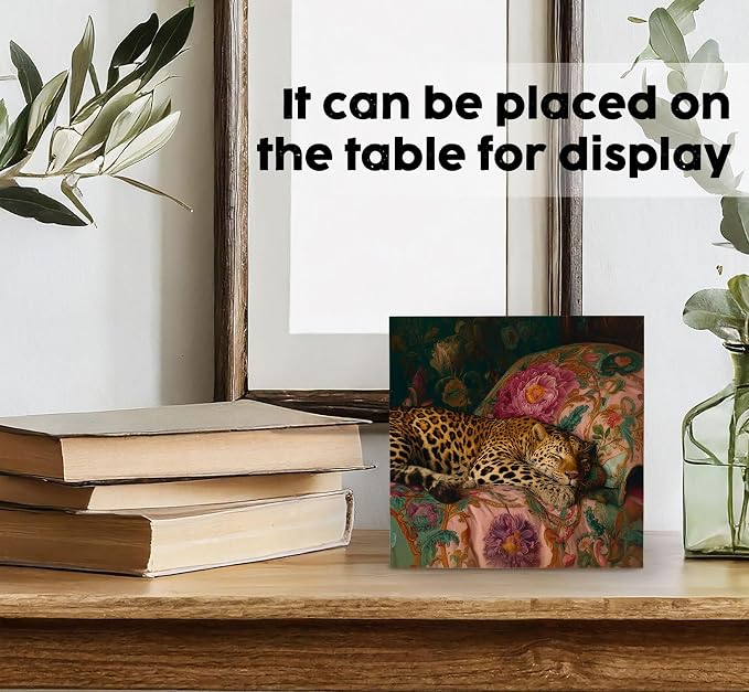 Leopard Room Decor Signs, Leopard Gifts for Women, Cheetah Room Decor, Eclectic Maximalist Sleeping Cheetah Wooden Box Sign for Girls Bedroom Dorm Desk Table Shelf 5x5 Inch