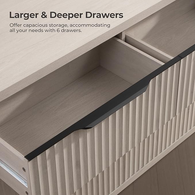 SICOTAS Dresser for Bedroom 107" Wide 6 Drawer Dressers & Chests of Drawers for Closet Long Large Modern TV Stand Set for Clothes Storage Fluted Wide Clothes Closet for Hallway Entryway, White Alder