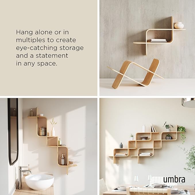 Umbra Montage Floating Wall Shelf Display Case, Made of Natural Bent Wood, Natural