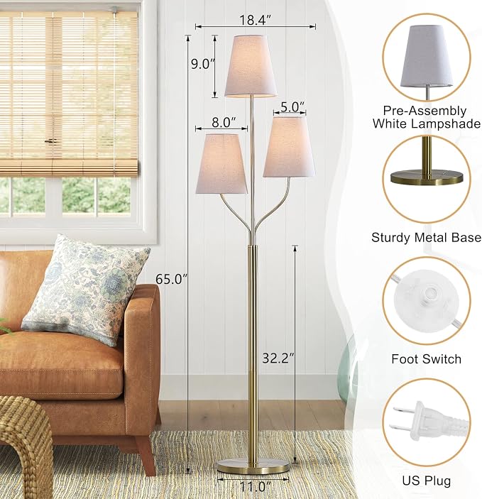 Maxax 3 Lights Brass Gold Floor Lamp for Living Room, Modern 65" Tall Standing Tree Lamp with 3 White Shade for Bedroom Office