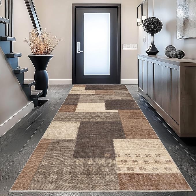 Modern Geometric Patchwork Indoor Runner Rug for Living Room, Beige 2.7'x 10' Large Rug Rockwood Collection Hardwood Floors Decor for Bedroom, Beige Throw Carpet for Office Entryway Dining Room