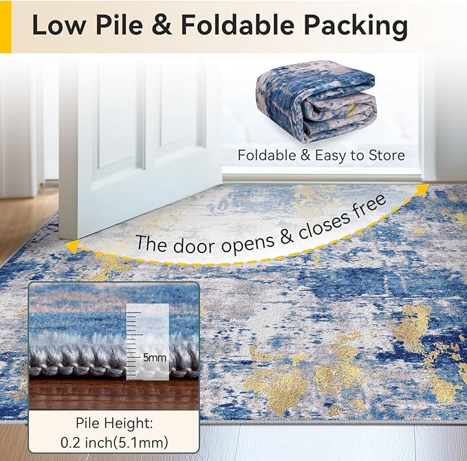 Washable Area Rugs Square 10ft Non-Slip Modern Abstract Soft for Living Room Entryway Bedroom Nursery, Print Pattern, Grey Blue Gold/Golden
