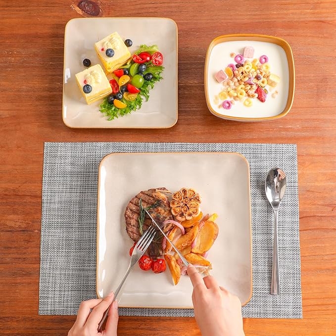 vicrays Ceramic Square 12 Pieces Dinnerware Set - Dinner Plates Salad Plates Cereal Bowls Set Service for 4 - Scratch Resistant Microwave Oven Dishwasher Safe - Beige