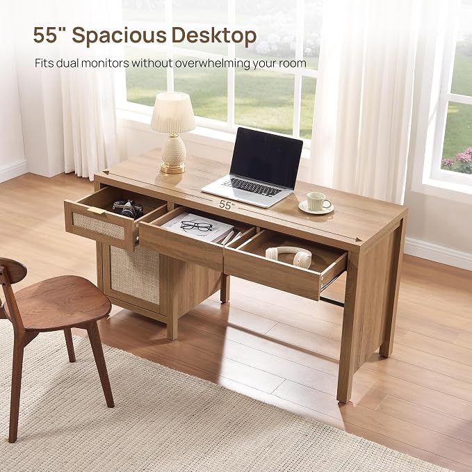 SICOTAS 55" Rattan Desk with 3 Drawers - Wood Office Computer Desk with Storage Modern Boho Home Office Desks with Side Cabinet - Large Executive Desk Study Table for Bedroom, Living Room, Oak
