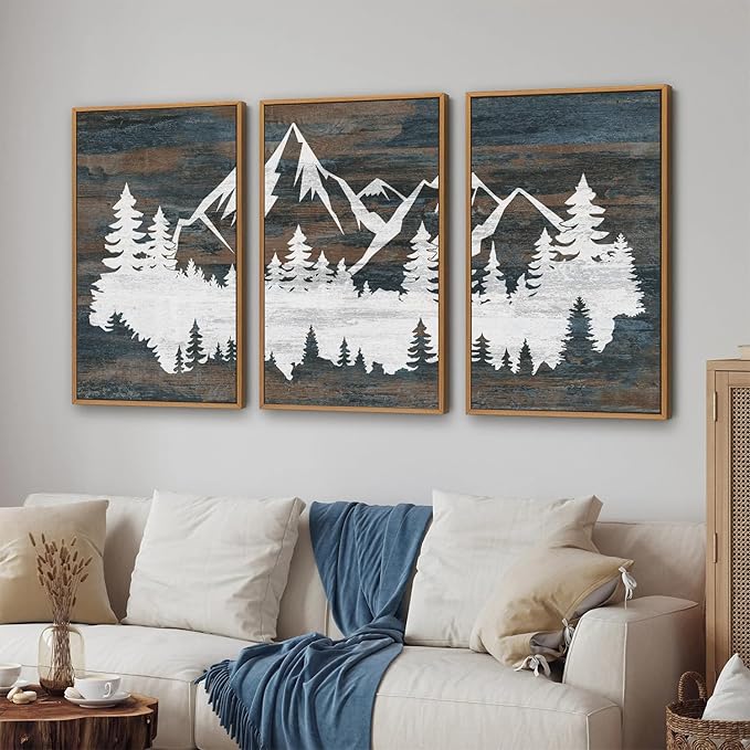 Rantodecor Vintage Mountain Framed Canvas Wall Art, White Snowy Nature Landscape Wall Decor, Rustic Wilderness Forest Art Paintings, Modern Farmhouse Artwork for Bedroom Living Room Office 16"x24"x3