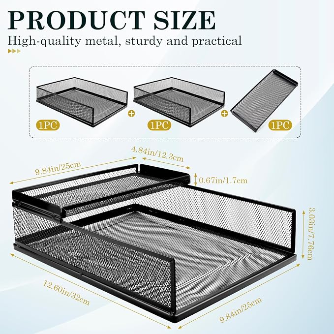 Metal Letter Tray Set, Stackable Wire Mesh Desk Organizer – Front Load File Holder for A4 Paper, Office, Home, Classroom (Black)