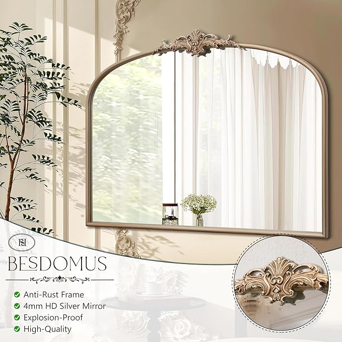 Besdomus Arched Vintage Gold Mirror: 40"x29" Large Champagne Gold Antique Wall Mounted Mirror - Baroque Traditional Ornate for Fireplace/Bathroom/Living Room - Home Decor for Fashion-Conscious