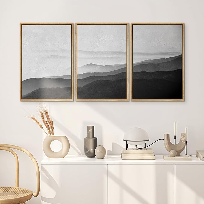 SIGNWIN Framed Canvas Print Wall Art Side of Mountain in Mist Nature Rocky Illustrations Minimalism Contemporary Black and White for Living Room, Bedroom, Office - 24"x36"x3 Natural