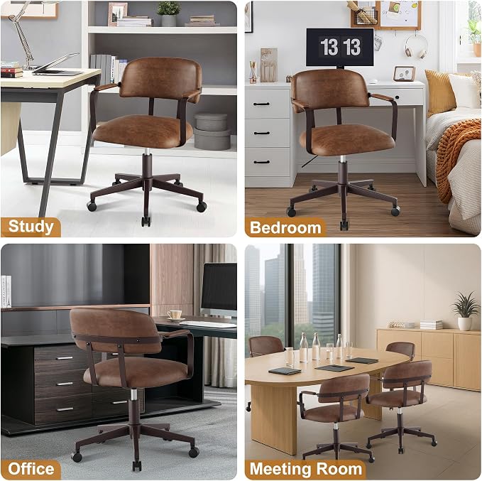 Home Office Desk Chair, Mid-Century Modern Desk Chair with Padded Arms, Adjustable Seat Height, Mid Back 360° Small Computer Chair with Mobile Mute Wheel, PU Leather (Brown,2BOX)