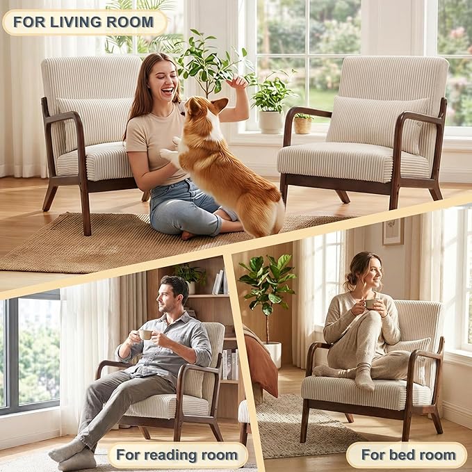 Accent Chairs, Mid Century Modern Chair with Pillow, Arm Chair with Solid Wood, Reading Relaxing Leisure Chair for Living Room, Waiting Room, White