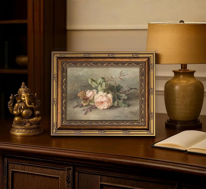 Vintage Gold Framed Flower Still Life Wall Art Retro Rose and Wildflower Wall Decor Pink Floral Print artwork Farmhouse Country Flower painting Picture for Gallery Kitchen Living Room Bedroom 16X24in