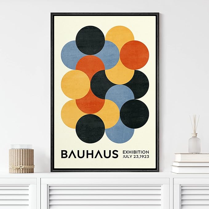 MUDECOR Framed Canvas Print Wall Art Geometric Colorful Circle Bauhaus Polygon Abstract Shapes Illustrations Fine Art Mid-Century Modern Multicolor for Living Room, Bedroom, Office - 16"x24" Black