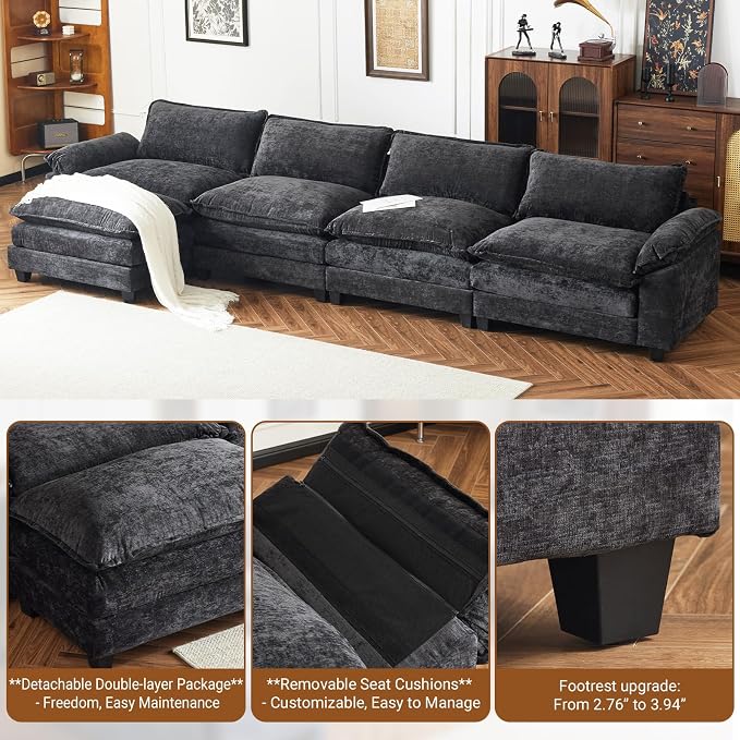 VINGLI 157" Cloud Black Convertible Sectional Sofa, Comfy L-Shape Extra Deep Seat Sofa Couch for Living Room,Modern Chenille 4-Seat Convertible Sofa with Movable Ottoman for Small Space