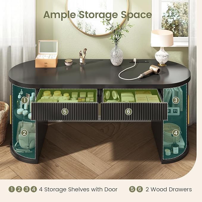SEDETA Office Desk with 2 Drawers, 58.3" x 21.7" Fluted Long Computer Desk with 2 Sliding Doors Storage and Power Strip, Wood Executive Desk for Home Office, Living Room, Bedroom, Black