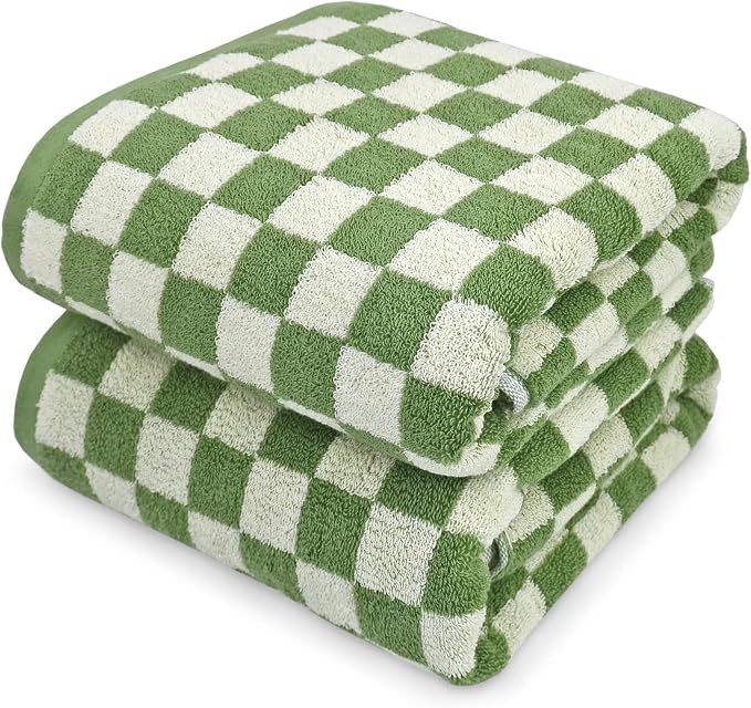 Jacquotha Bath Towels Set of 2 - Luxury Cotton Bathroom Shower Towels Body 55” x 27.5” Absorbent, Quick Dry, 520GSM, Green Checkered Bathroom Decor