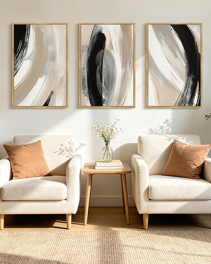 KUVIOKE Modern Abstract Framed Wall Art Black Neutral Minimalist Ink and Wash Graffiti Pastel Wall Decor for Bedroom Living Room 24x36in (Natural Framed)