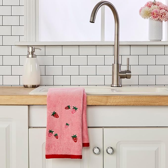 SKL Home Strawberry Toss 100% Cotton Embroidered 2pc Hand Towel Set, Decorative for Bath/Kitchen/Bar & Gift, Pink