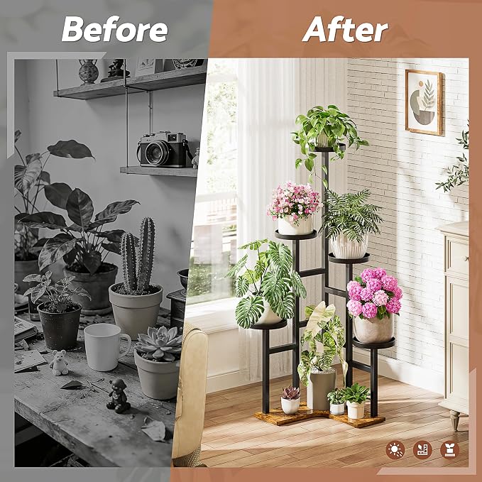 5 Tiered Plant Stand Indoor with 7.1 Inch Wide Tray, Corner Metal Plant Stand Outdoor Tall Flower Holder Stand, Tall Rack for Display Shelf for Patio Porch Office LivingRoom - BlackDisk