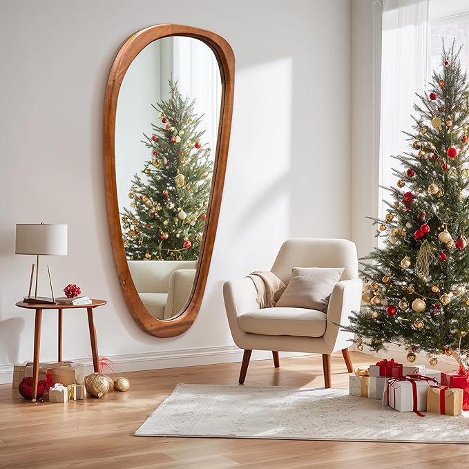 22‘’x48'' Asymmetrical Rustic Wall Mirror for Bathroom Wood Frame, Irregular Classic Mirror Farmhouse Vanity Wall Mirror, Mid Century Modern Mirror Decor Living Room, Bedroom, Entryway