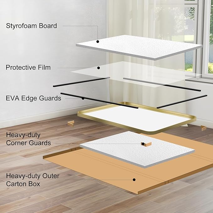 CIRCUMI Gold Bathroom Mirror, 36"x55" Rectangular Mirror with Deep Metal Frame, Rounded Corner, Tempered Glass, Large Mirror for Wall, Over 2 Sinks, Installed Vertically/Horizontally, Crystal-Clear