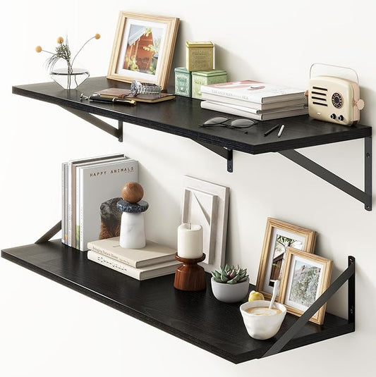 36"W x 12"D Floating Shelves, Black Deep Floating Shelves for Wall with Brackets, 12 Inch Deep Wall Shelves for Books, Wide Display Storage Shelves for Bathroom, Living Room, 36 Inch Long, Set of 2